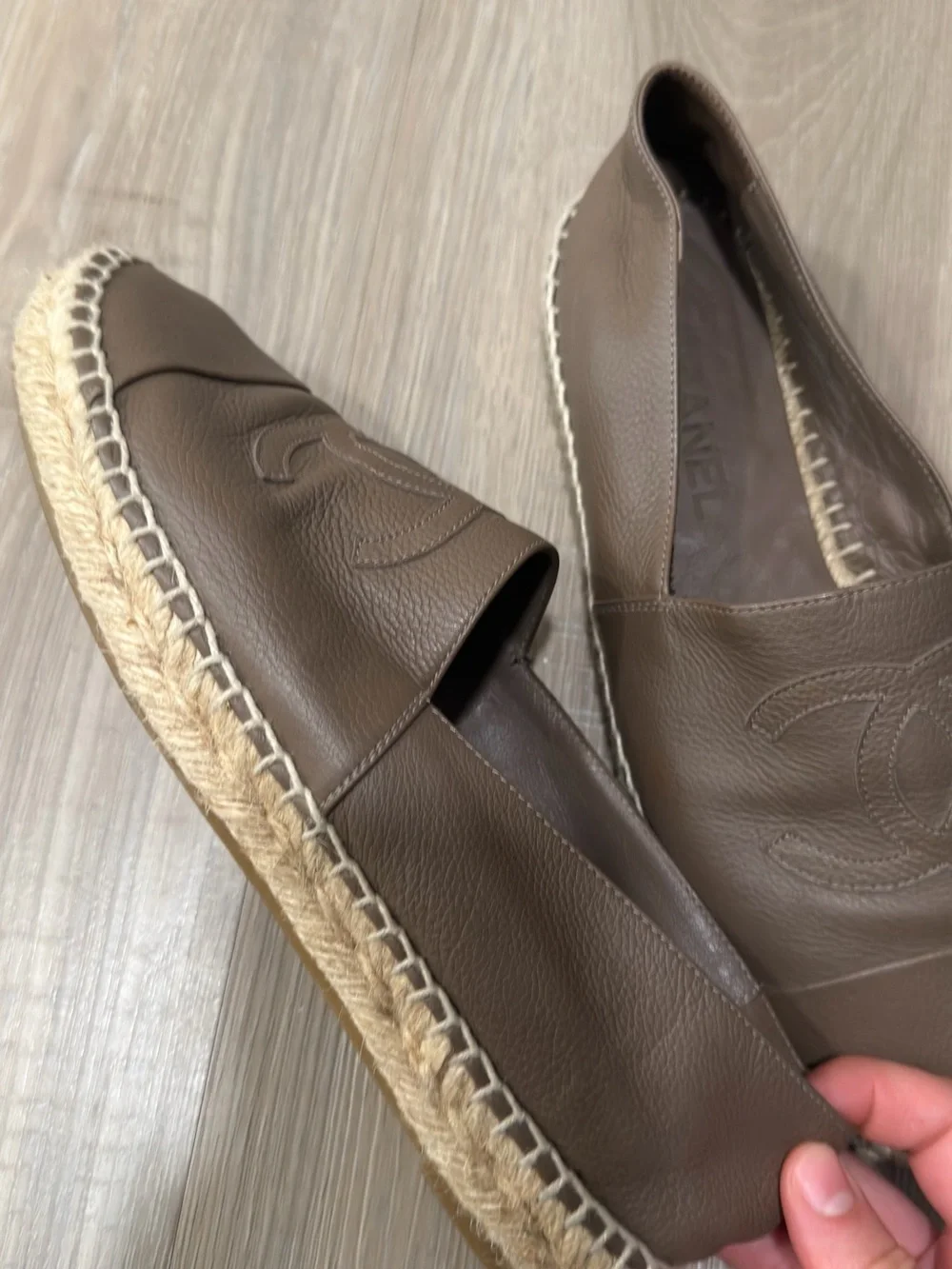 CHANEL Taupe Brown Leather Espadrilles with CC Logo